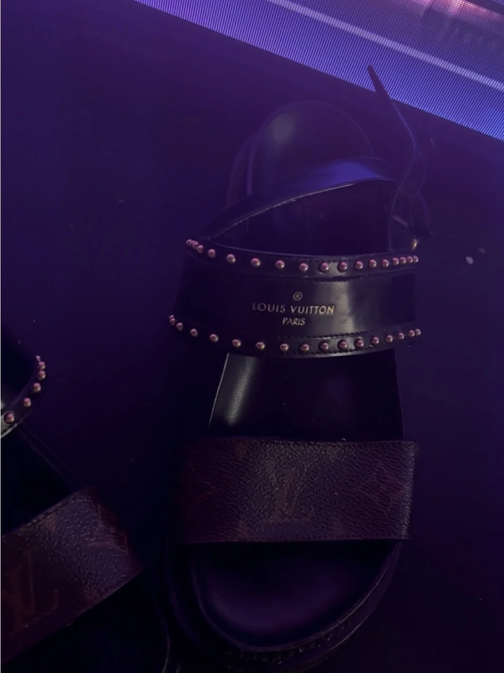 Louis Vuitton Black Leather Studded Slide Sandals